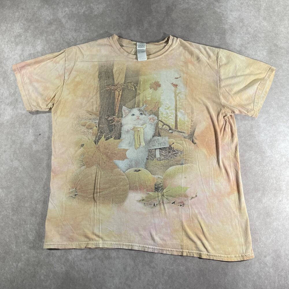 00's Mid Mod Cute Kitten Cat Pumpkin Patch Fall Graphic T-Shirt Women's Large